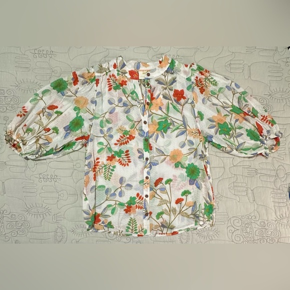 NWT Maeve Kalapana Blouse 12 Floral Balloon Cream Short Sleeves Button Down - Picture 6 of 14